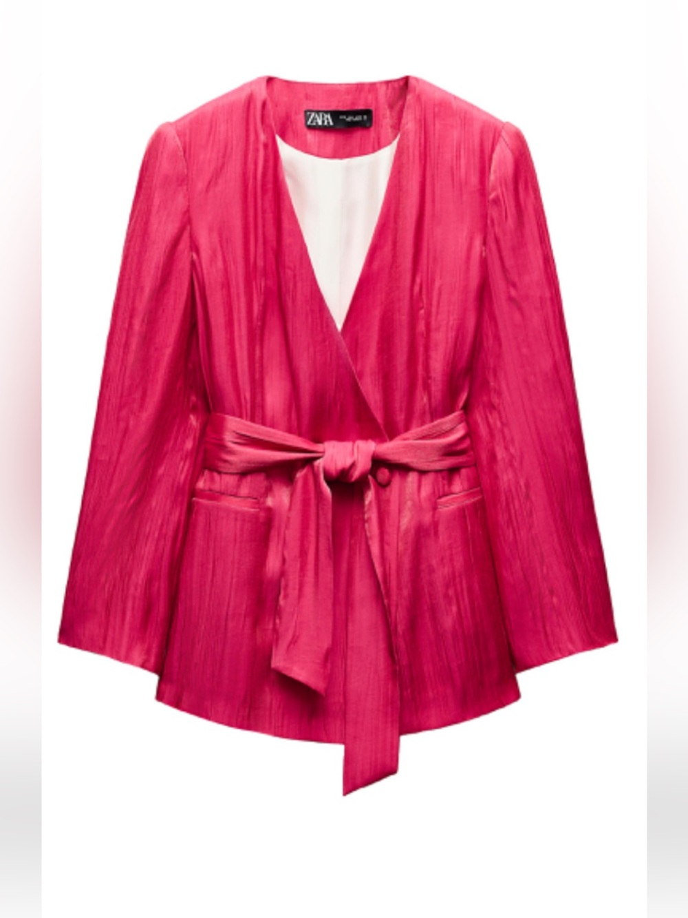 Zara Hot Pink Raspberry Shimmery Wrinkle Effect Double Breasted Blazer Belt NWT